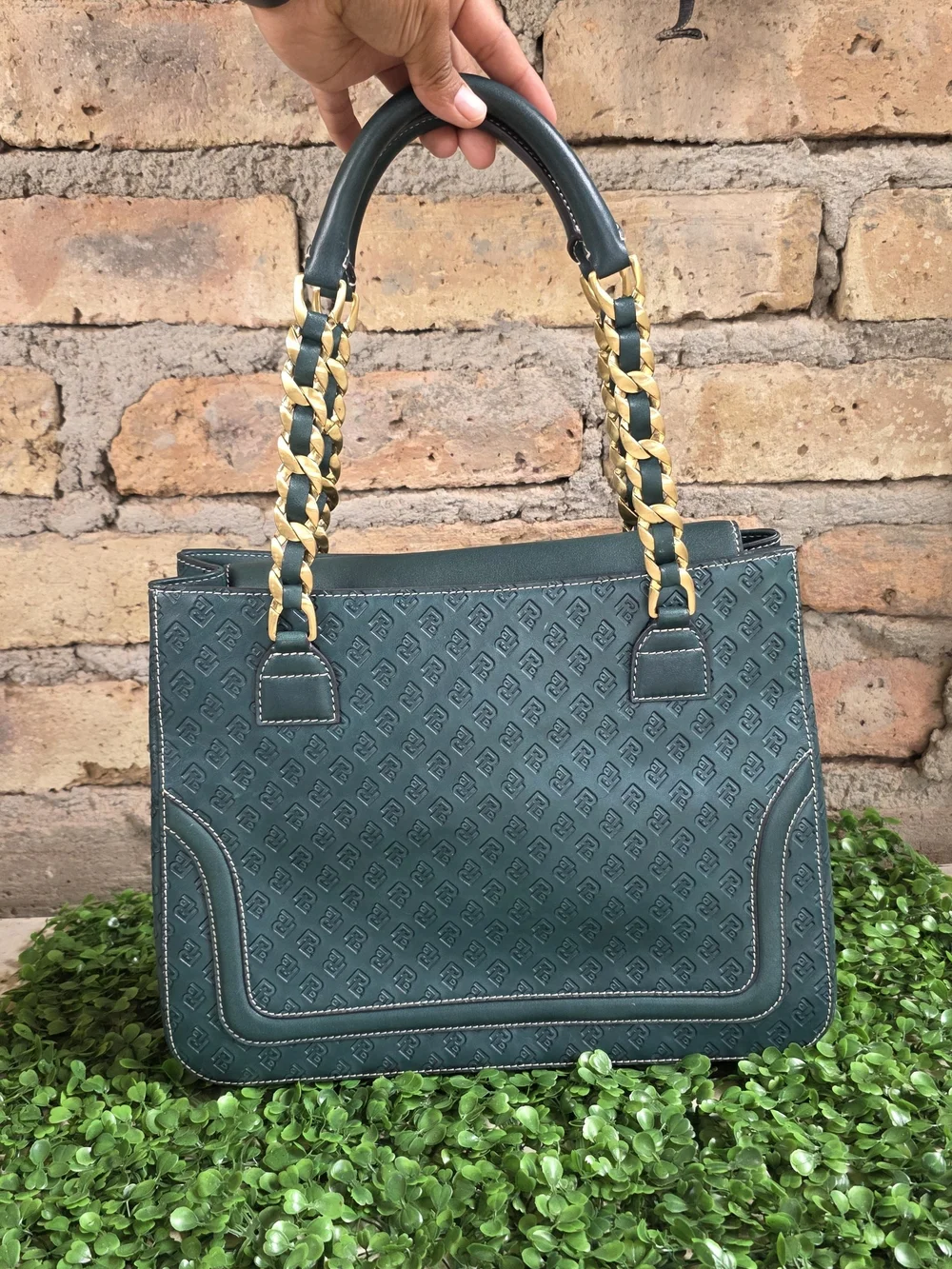 POWERLAND Forest Green Embossed Monogram Tote Bag Gold Chain Straps